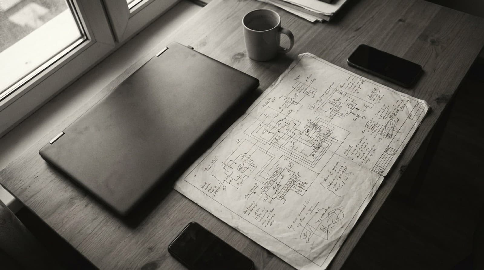 A hand-annotated system schematic on a desk beside a closed laptop