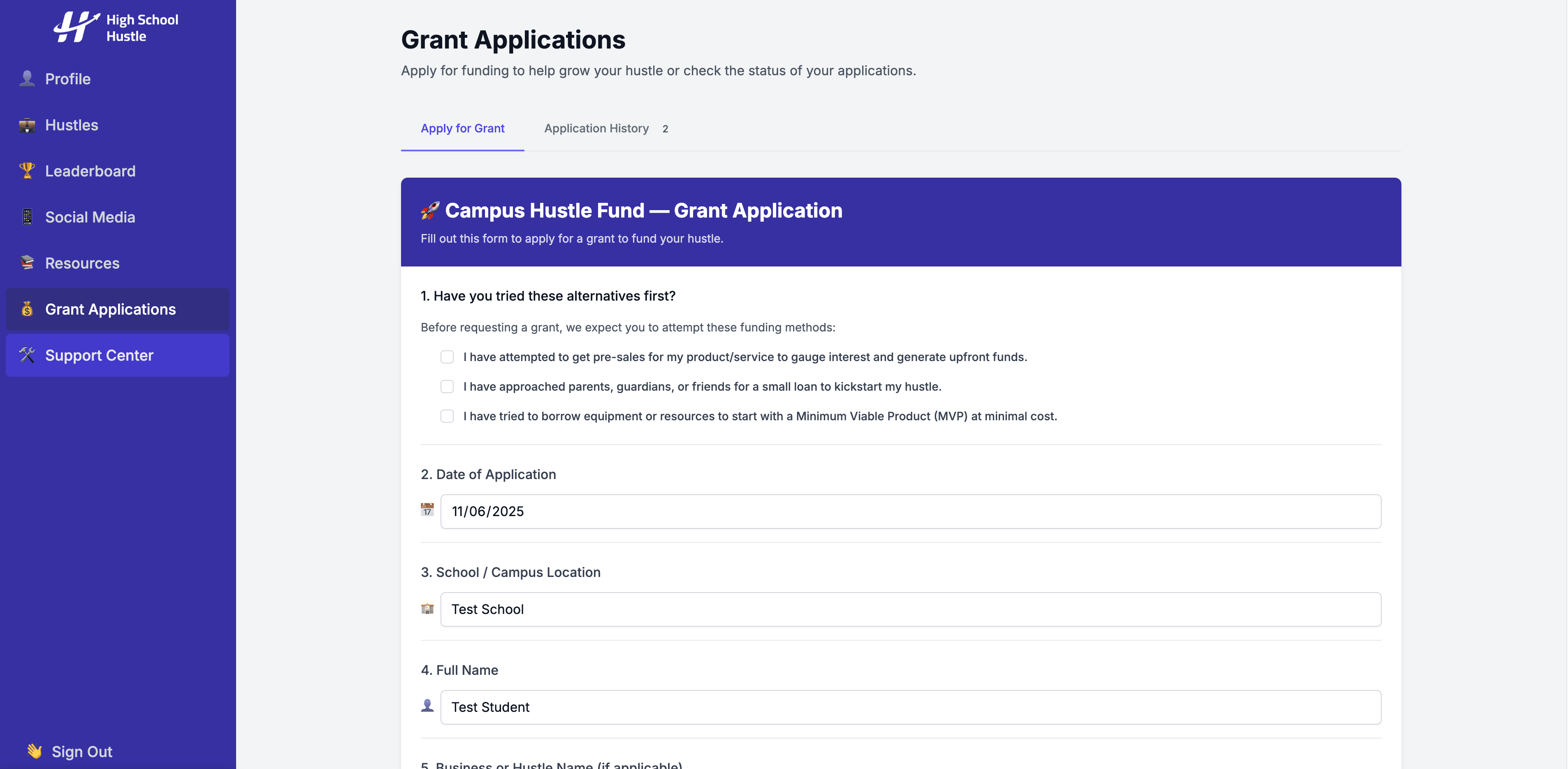 High School Hustle Grant Application