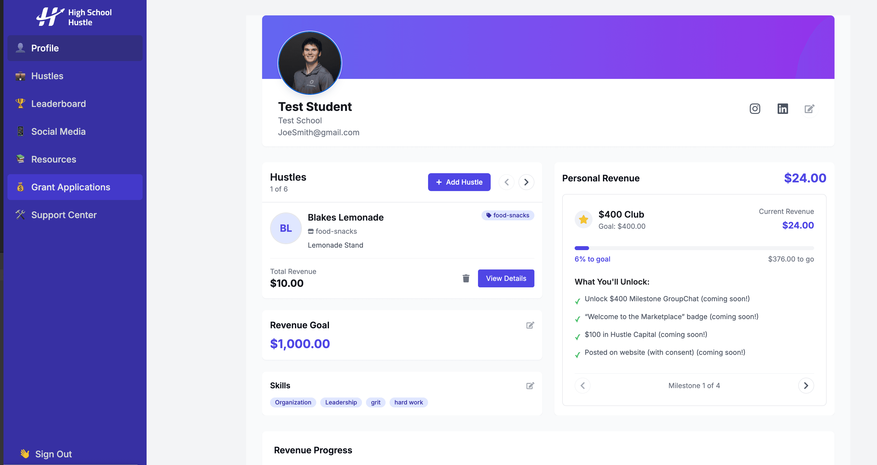 High School Hustle Student Dashboard